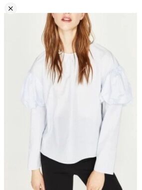 Zara poplin puff sleeve light blue shirt XS
